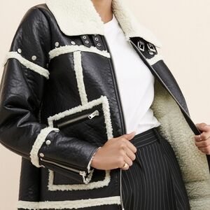 Glamorous Black Faux Leather Shearling-Trim Zip Jacket